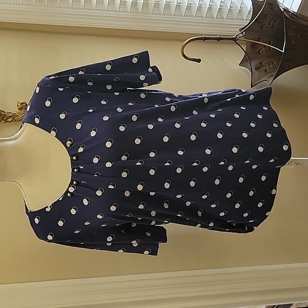 Rafaella navy blue white dotted top short sleeve gold beads 100% cotton XL EUC…
